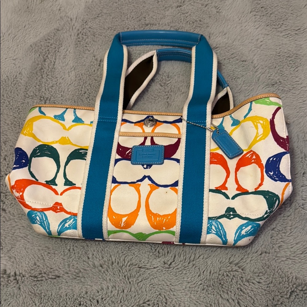 Vintage Colorful Coach Tote Bag with Blue Accents